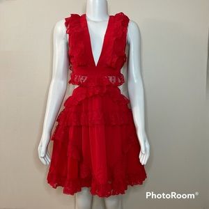 Red V-neckline lace ruffle crisscross back cutout mini dress